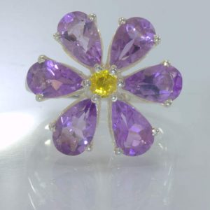 Purple Amethyst Yellow Sapphire Handmade Silver Flower Ring size 7.25 Design 424