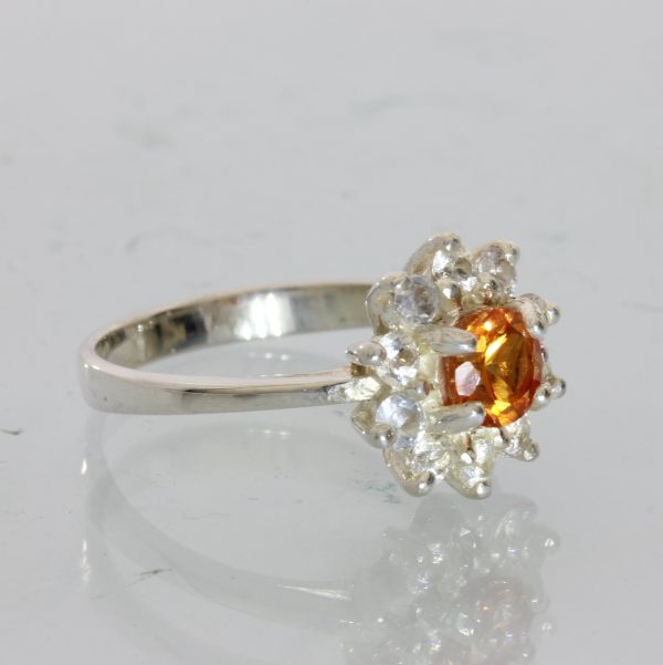Orange Sapphire and White Sapphire Gemstone Halo Sterling 925 Silver Ring size 6