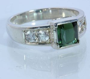 Green Tourmaline White Topaz Handmade Sterling Unisex Solitaire Ring #0001 Size 6.75