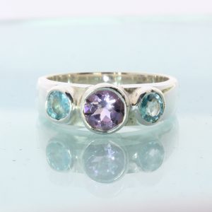 Purple Amethyst Sky Blue Zircon Hand Crafted Silver Three Stone Ring size 7.75