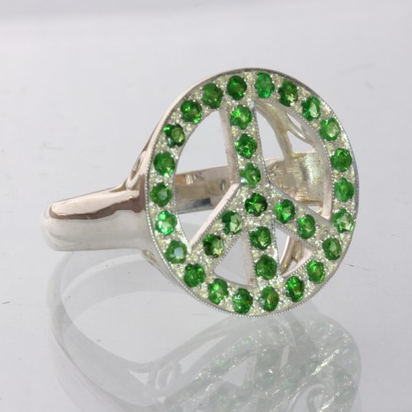 Green Tsavorite Garnet Peace Sign Handmade 925 Unisex Filigree Ring size 10.25