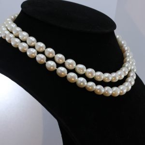 Pearl Necklace 32 Inch Endless Bright Cream White 9x10mm Ovals Knotted Real Silk