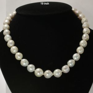 Pearl Necklace 19 Inch White Near Round Baroque 12 mm Knotted Silk Silver Hook
