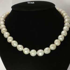 Pearl Necklace 19Inch White Rough Round Baroque 11-13mm Knotted Silk Silver Hook