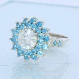 White and Swiss Blue Topaz Handmade 925 Silver Double Halo Ladies Ring size 7.25