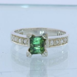 Green Tourmaline with White Sapphire Handmade Sterling Silver Ladies Ring size 6