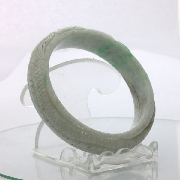 Jade Bangle Dragon Phoenix Carved Grade A Jadeite Stone Bracelet 7.05 inch 57 mm