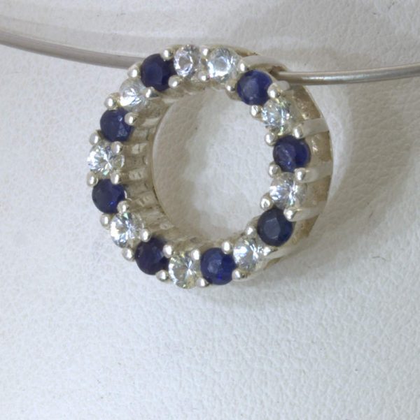 Pendant Blue White Sapphire Handmade 925 Silver Circle Eternity Ladies Design 61