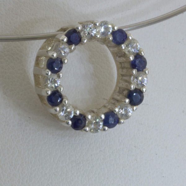 Pendant Blue White Sapphire Handmade 925 Silver Circle Eternity Ladies Design 61