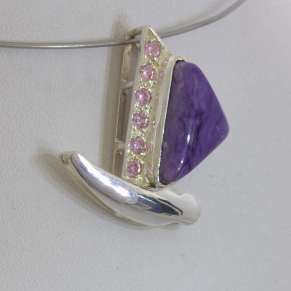 Pendant Purple Charoite Pink Sapphire 925 Silver Ladies Butterfly Design 464