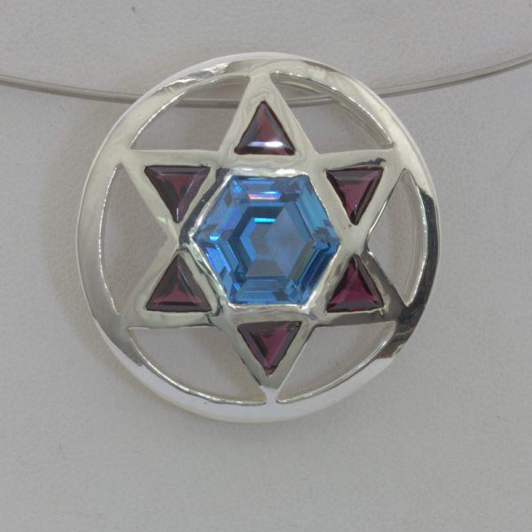 Pendant Blue Spinel Rhodolite Garnet Hexagonal Six Point Star Silver Design 469