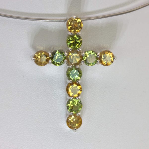 Pendant Yellow Citrine Green Peridot Handmade Unisex Christian Cross Design 69