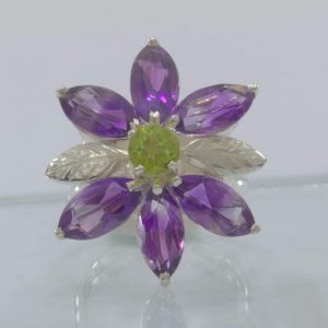 Purple Amethyst Green Peridot Handmade 925 Silver Flower Ring size 9 Design 349