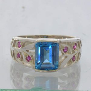 Swiss Blue Topaz Unheated Ruby Handmade Silver Ring size 7.5 Floral Design 89