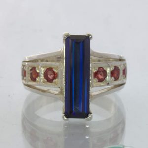Lab Blue Sapphire Red Sapphires Handmade Silver Statement Ring size 9 Design 500