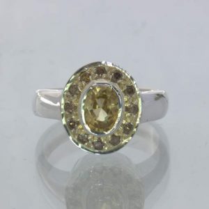 Golden Zircon Cognac Diamond Handmade Silver Ladies Halo Ring size 5.75 Design12