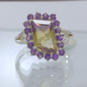 Ametrine Yellow Purple Amethyst Halo Handmade 925 Silver Ring size 8.5 Design 54