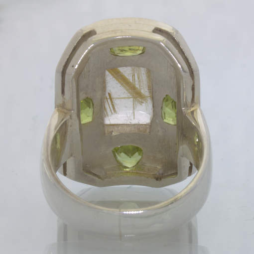 Golden Rutile Quartz Trillion Peridot Silver Ring size 10.5 Shield Design 164