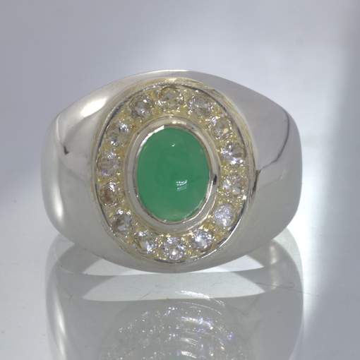 Green Chrysoprase Oval White Sapphire Halo 925 Silver Ring size 9.5 Design 150
