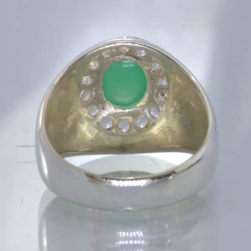 Green Chrysoprase Oval White Sapphire Halo 925 Silver Ring size 9.5 Design 150