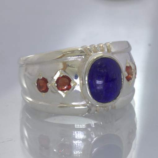Blue Lapis Lazuli Oval Red Round Sapphire 925 Ring size 11.25 Wide Design 357