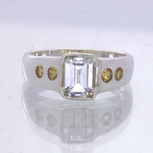 White Topaz Rectangle Yellow Citrine Rounds 925 Silver Ring size 9 Design 660