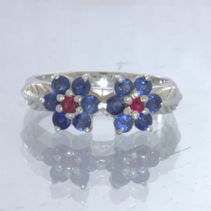 Blue Red Sapphire Flower 925 Silver Ladies Ring Size 7.25 Floral Leaf Design 393