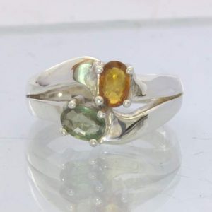 Green Yellow Sapphire Two Oval Gems 925 Silver Unisex Ring size 7.25 Design 88