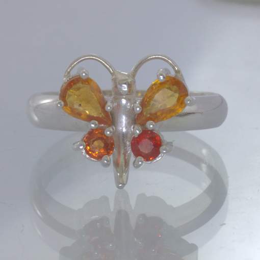 Yellow Orange Red Sapphire 925 Sterling Butterfly Ring size 7.5 Prong Design 193