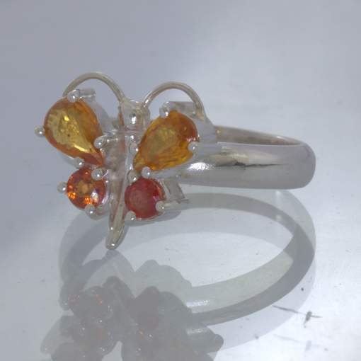 Yellow Orange Red Sapphire 925 Sterling Butterfly Ring size 7.5 Prong Design 193