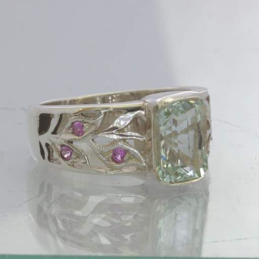 Unheated Green Aquamarine Pink Sapphire Sterling Silver Ring size 6.25 Design 89