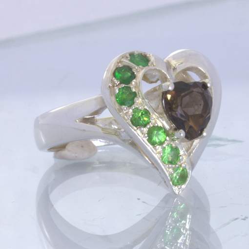 Smoky Quartz Tsavorite Green Garnet Sterling Ladies Ring Size 8 Heart Design 91