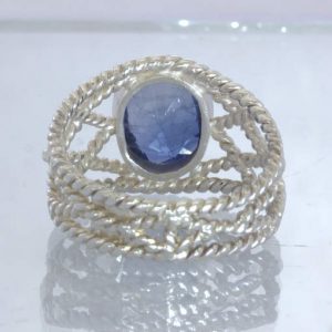 Blue Sapphire Lab Created Gem 925 Ring Size 10.25 Geometric Filigree Design 86
