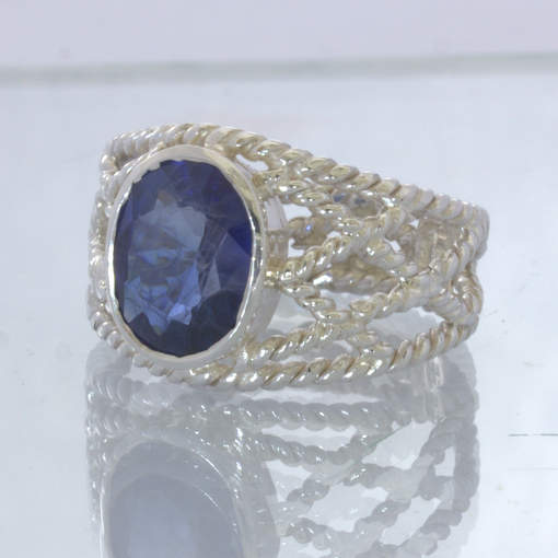 Blue Sapphire Lab Created Gem 925 Ring Size 10.25 Geometric Filigree Design 86