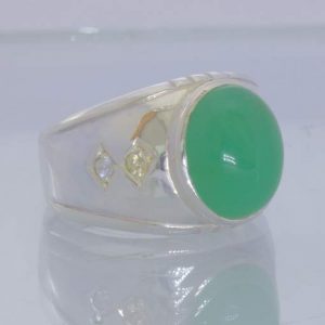 Green Chrysoprase Cab White Sapphire 925 Silver Gents Ring Size 9.75 Design 357