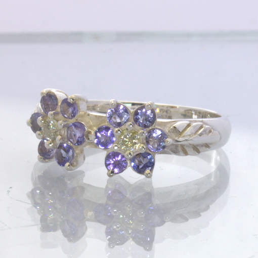 Blue Tanzanite Yellow Diamond 925 Silver Ring size 9.5 Twin Flower Design 393