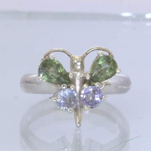 Green Sapphire Blue Sapphire Sterling Silver Ring Size 5.5 Butterfly Design 48
