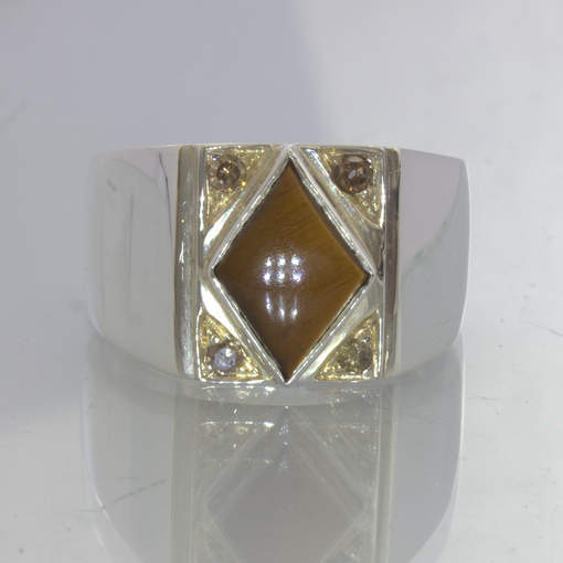Tigers Eye Burma Gemstone Cognac Diamond 925 Silver Ring size 9.5 Design 382