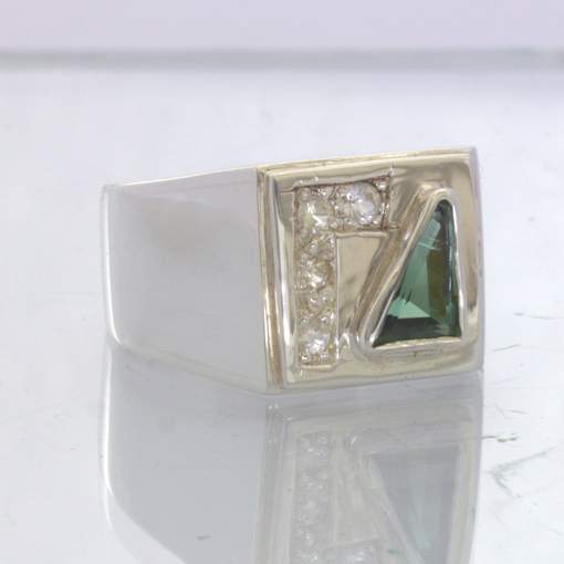 Green Tourmaline White Sapphire 925 Ring Size 9 Geometric Triangle Design 87
