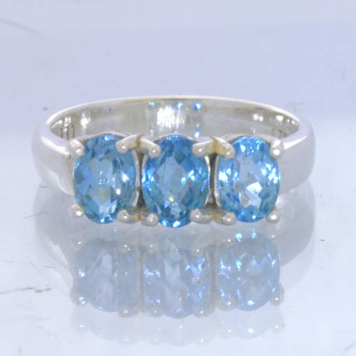 Swiss Blue Topaz Gems 925 Silver Ladies Three Stone Ring Size 6.75 Design  666