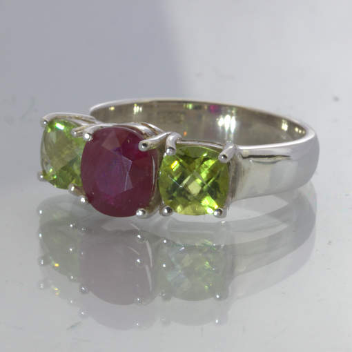 Natural Red Ruby Green Peridot 925 Silver Three Stone Ring Size 8.75 Design 177