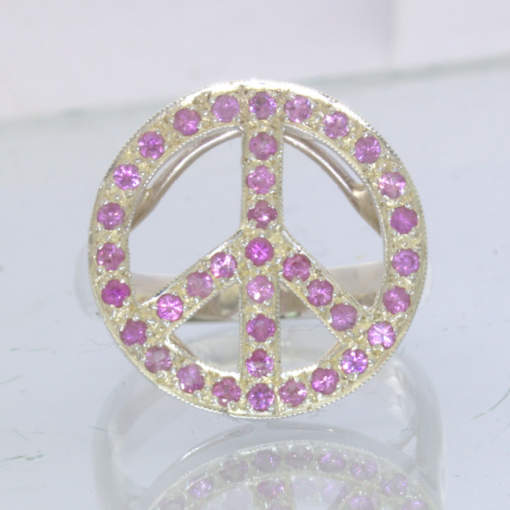 Peace Sign Pink Sapphire Rounds 925 Silver Ring Size 9.25 Filigree Design 391