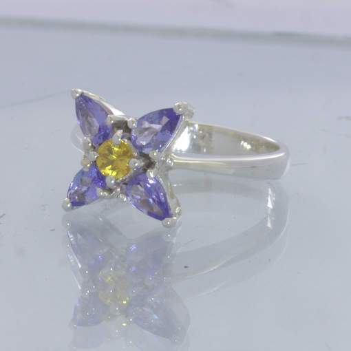 Blue Tanzanite Yellow Sapphire 925 Sterling Floral Ring Size 6 Flower Design 424