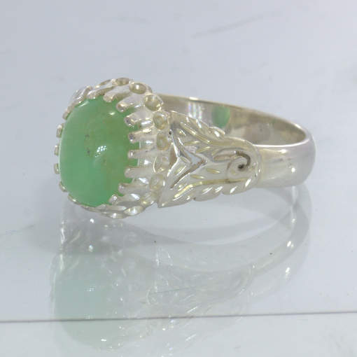 Chrysoprase Green Australia Cabochon 925 Sterling Ring Size 8 Floral Design 720