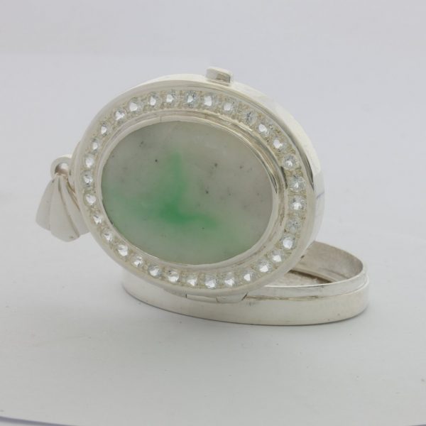 Burma Jade Ceylon White Sapphire Photo Locket Hinged Pendant 925 Oval Design 695