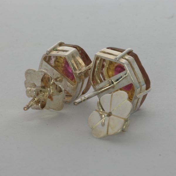 Bicolor Tourmaline Flower Carving Hexagonal Studs 925 Post Earrings Design 80