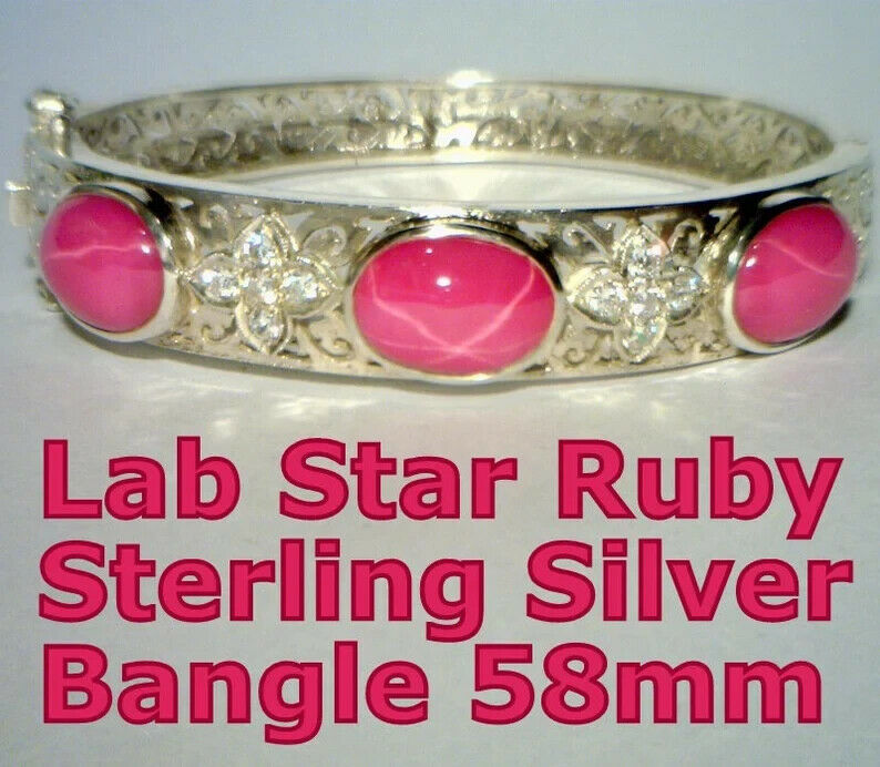 Lab Pink Star Sapphire Ruby Cubic Zirconia Sterling Hinged Bangle Bracelet 58 mm