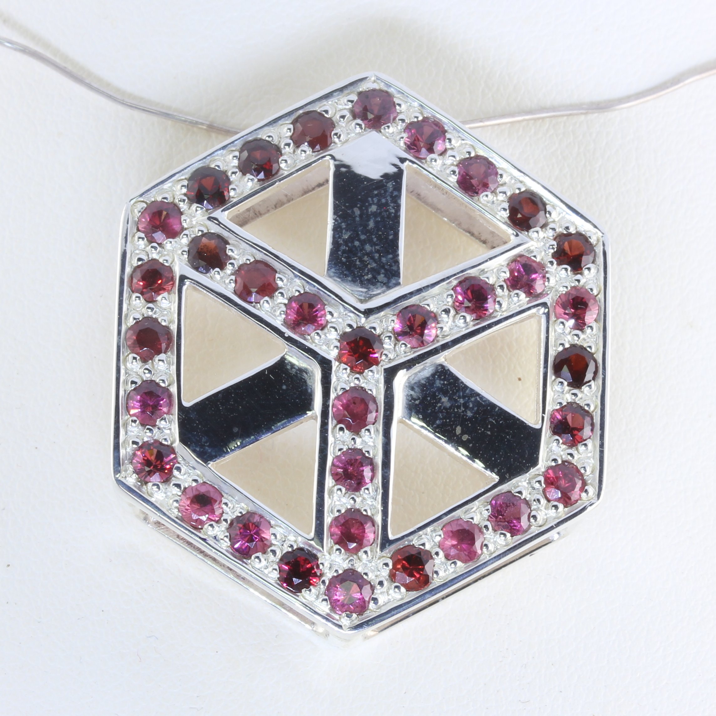 Rhodolite Garnet Pendant Handmade Sterling Slider Bail Unisex Cube Design 566