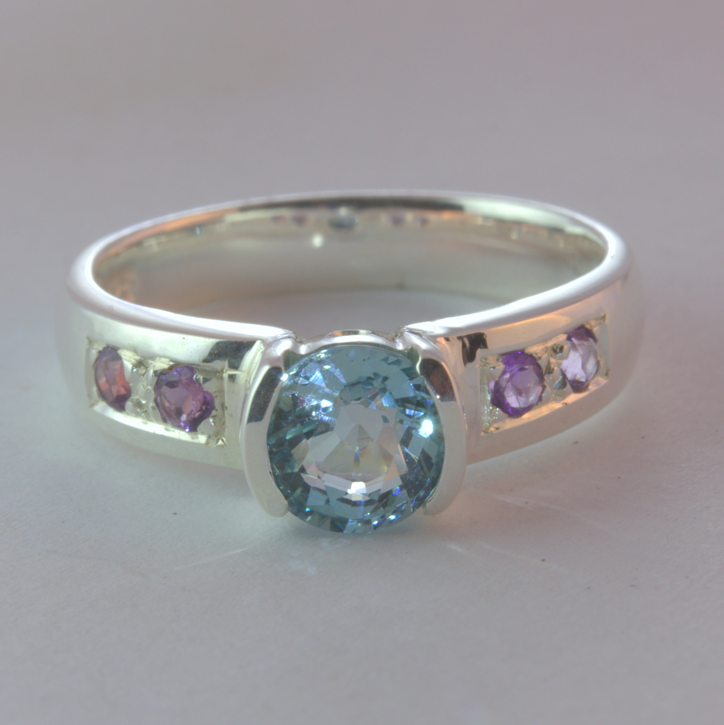 Light Blue Aquamarine Purple Amethyst Ring Handcrafted 925 Size 7.25 Design 338