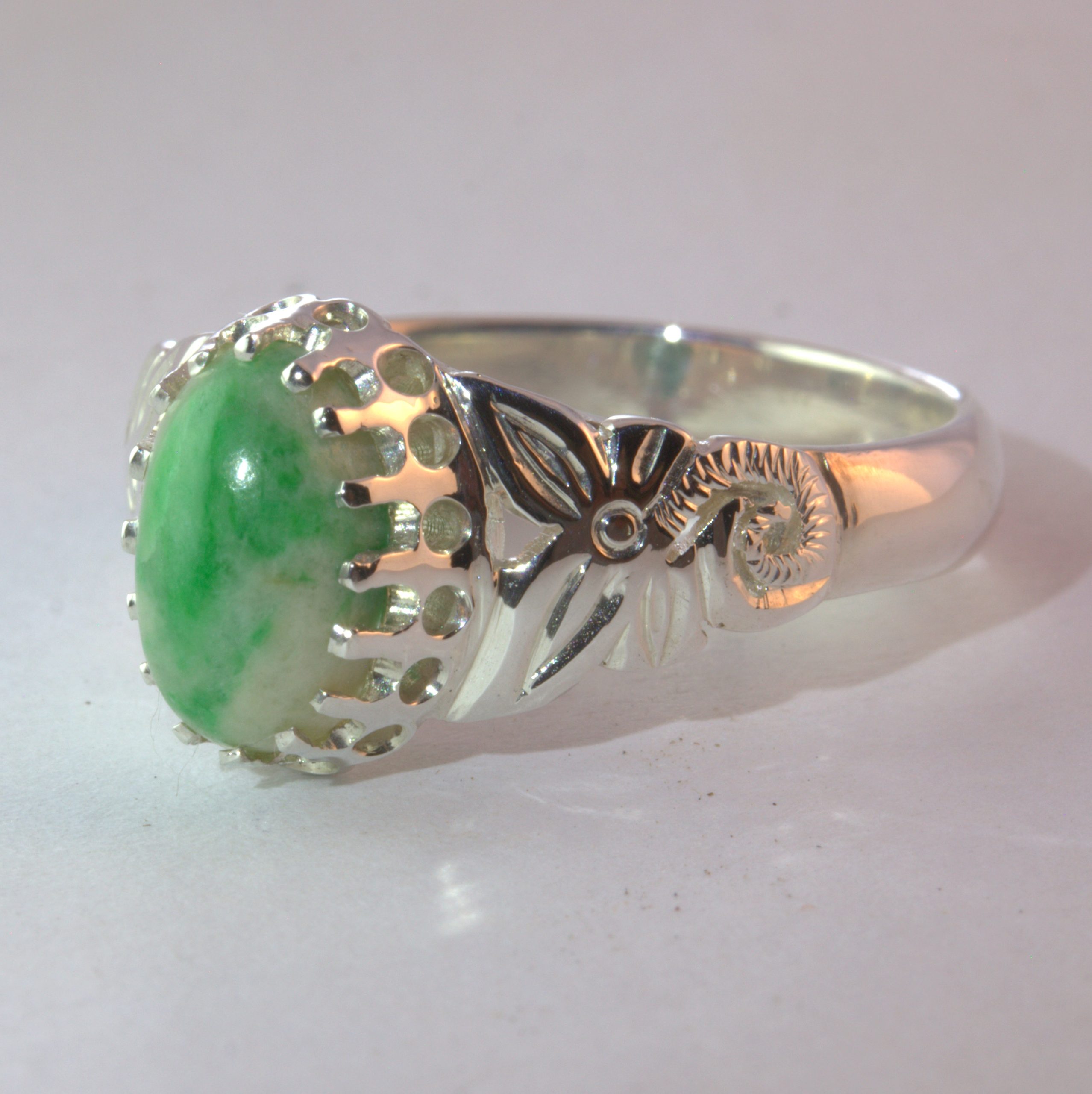 Jade Ring Burma Untreated Jadeite Handcrafted 925 Silver Size 7.25 Design 34